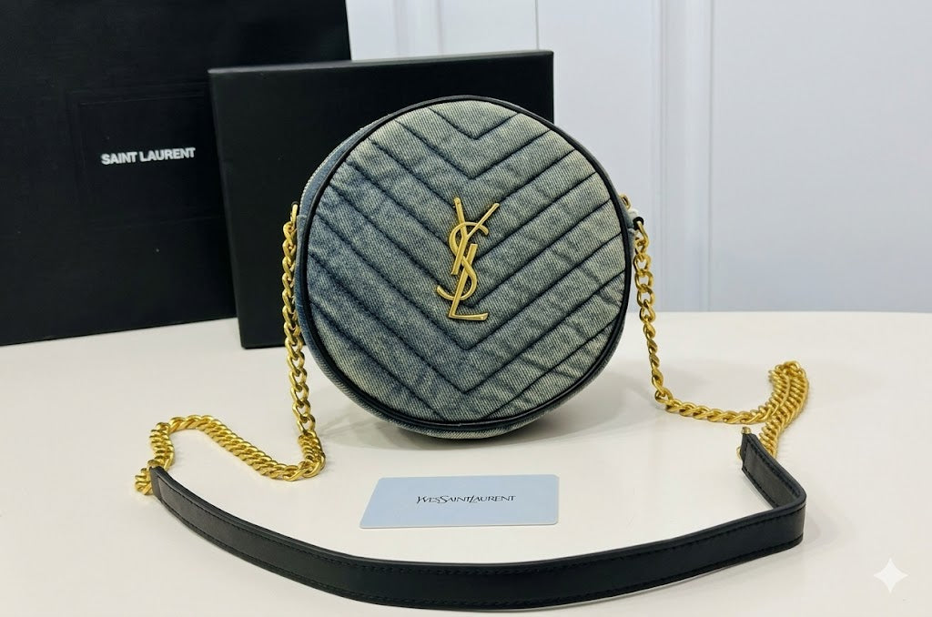 Saint Laurent Sade Round Camera Bag in Quilted Denim