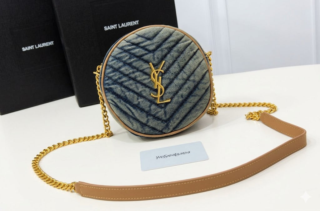 Saint Laurent Sade Round Camera Bag in Quilted Denim