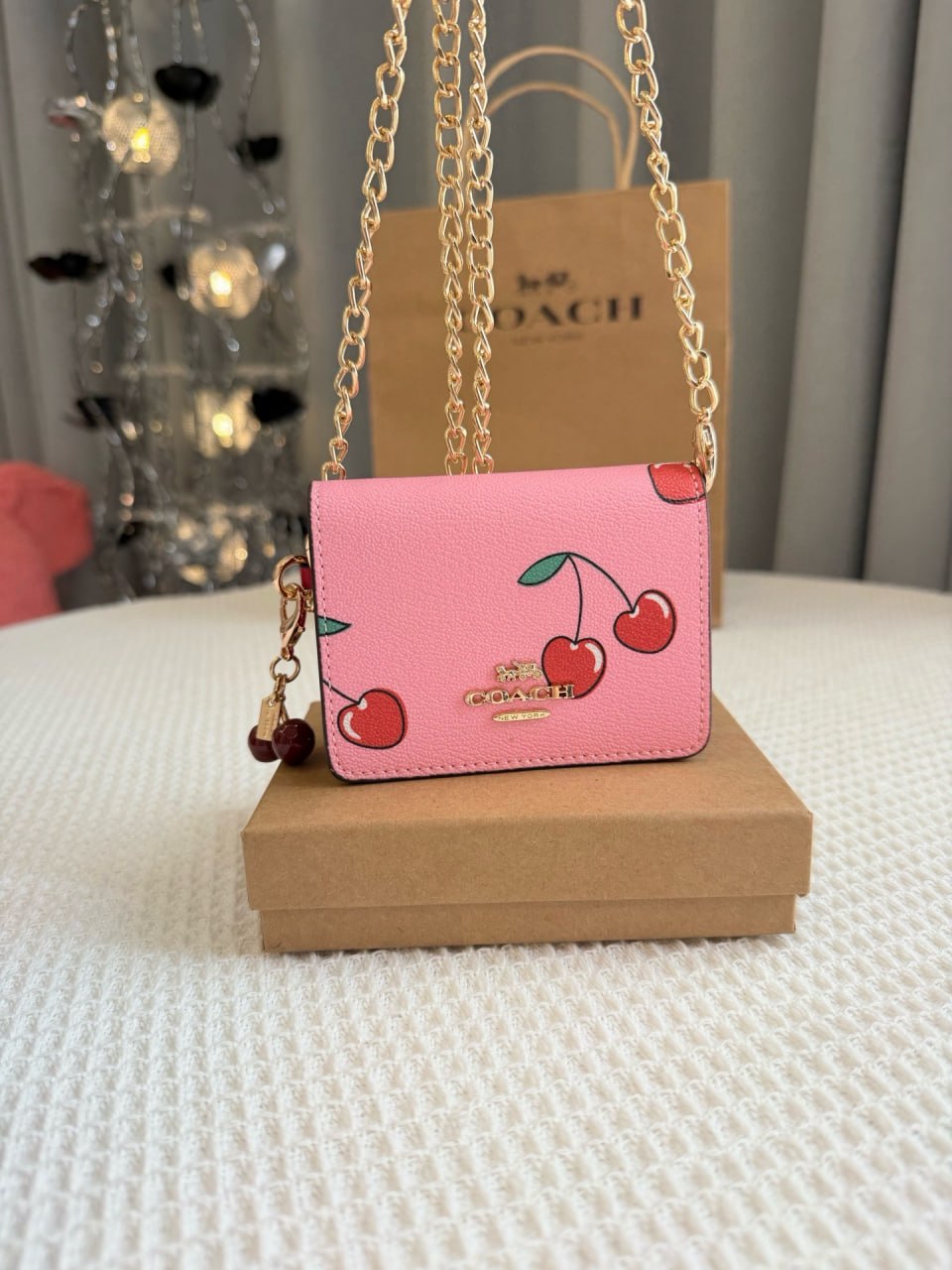 Coach Mini Wallet On A Chain With Cherry Print