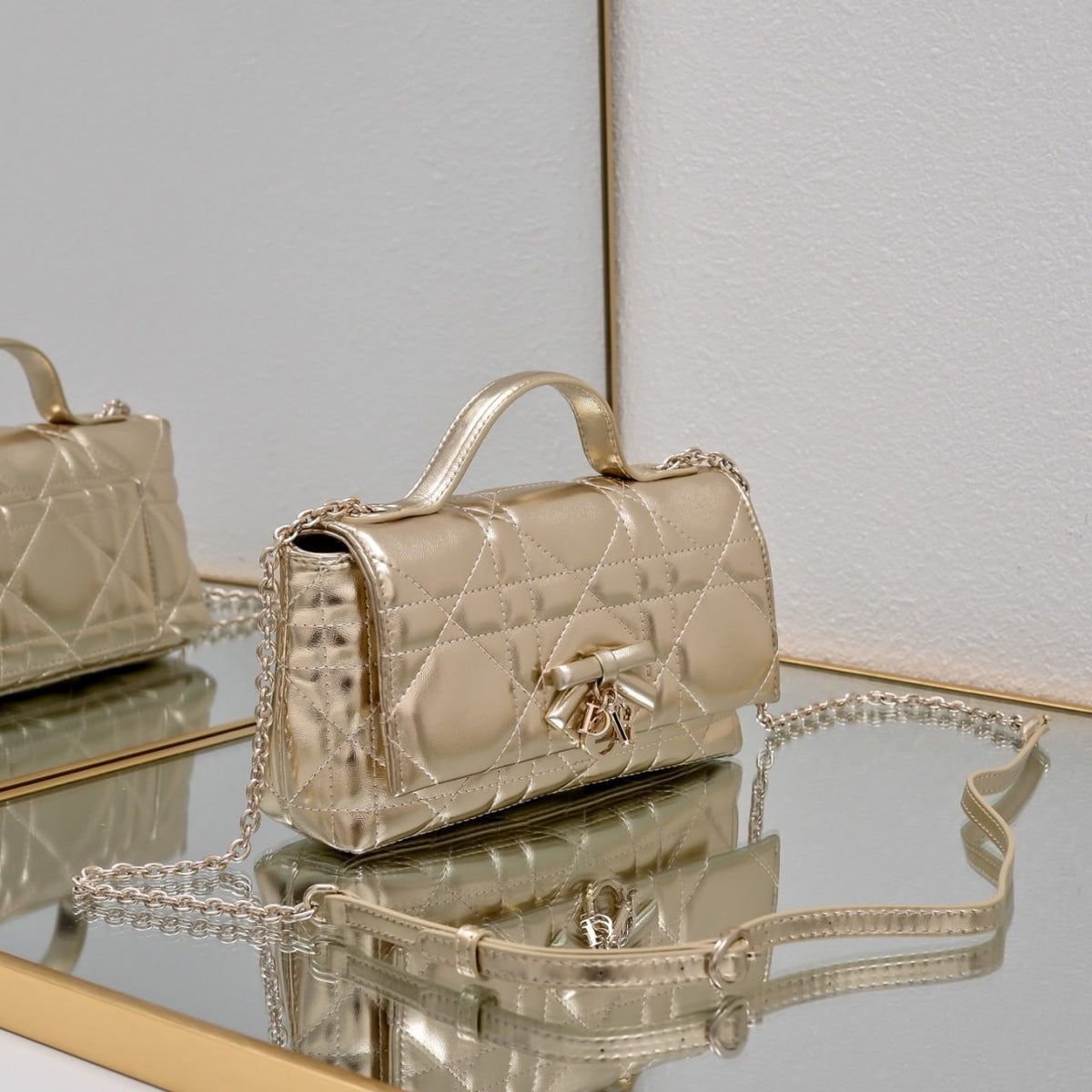Dior Metallic Cannage Top Handle Bag with Bow