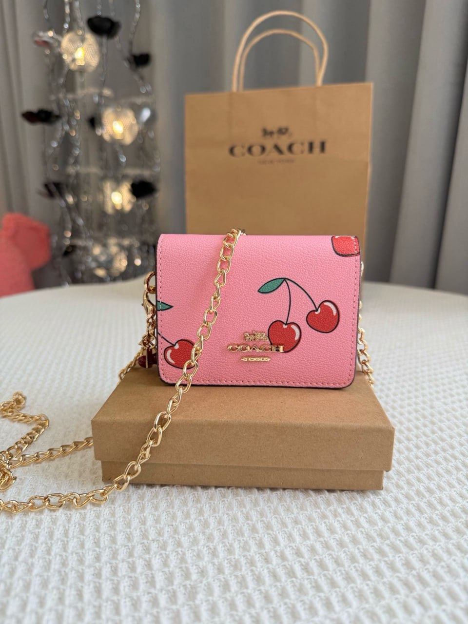 Coach Mini Wallet On A Chain With Cherry Print