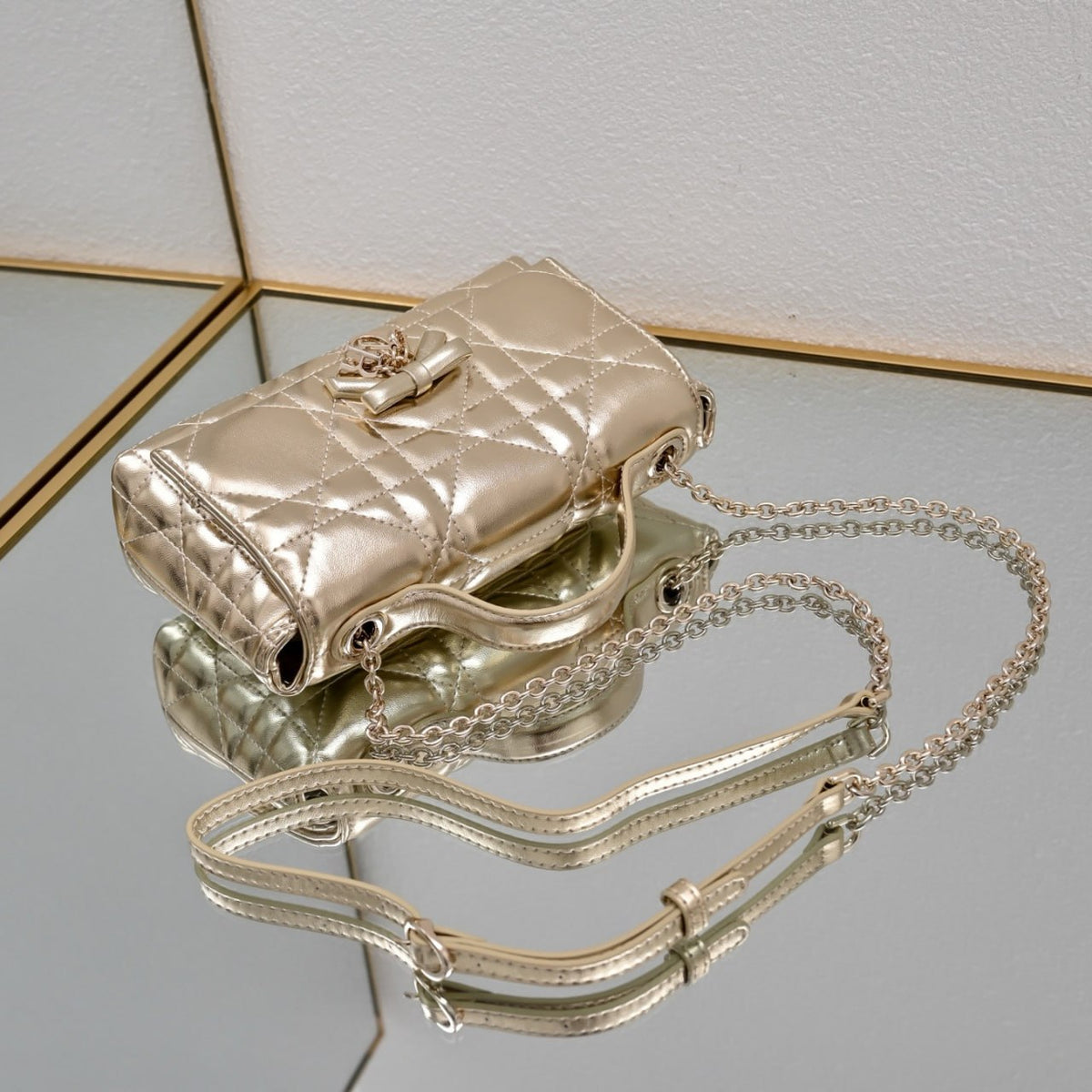 Dior Metallic Cannage Top Handle Bag with Bow